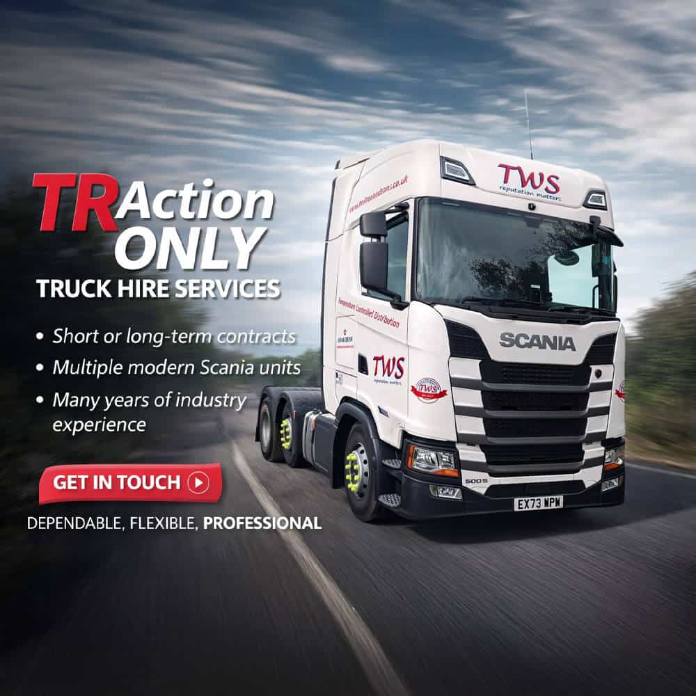 TWS Transport modern Scania tractor unit driving without a trailer, illustrating traction-only truck hire services and professional driver supply in the North West.