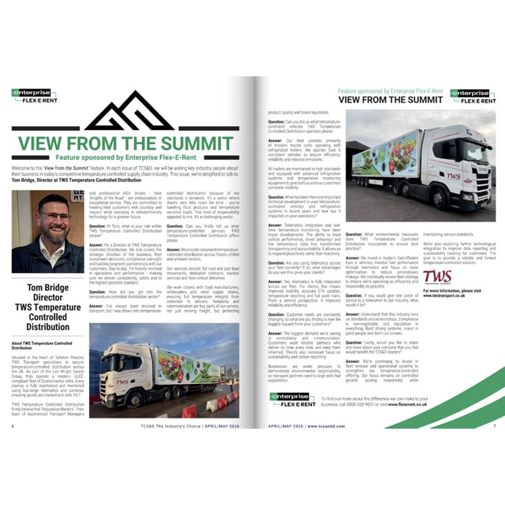 An interview with Tom Bridge in TCS&D magazine discussing TWS Temperature Controlled Distribution operations, featuring a portrait and two photos of TWS branded lorries.